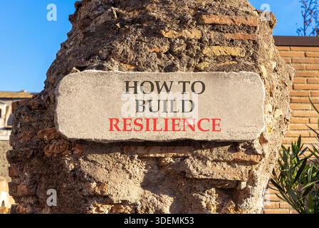 So erstellen Sie ein Resilienzsymbol. Konzeptworte wie man Widerstandsfähigkeit auf wunderschöner weißer Marmorschildplatte schafft. Wunderschöner Backsteinsäulenhintergrund. Geschäftsleute Stockfoto