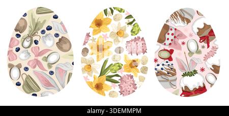 Handgezeichnete Grußkarten in Form von Ostereiern mit Frühlingsblumen und Vogeleiern, Osterkuchen und gefärbten Eiern, Schleife und Hasenohren Stock Vektor