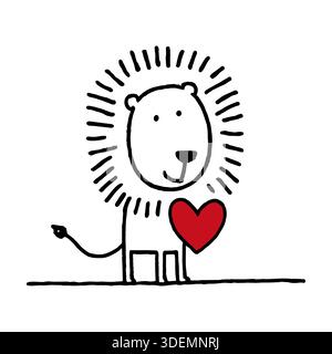 Cute lion holding heart. Outline Hand drawing doodle vector illustration. Love concept, Valentines day symbol Stock Vektor