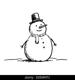 Handgezeichneter Schneemann in Hut mit Augen, schwarz-weiße Skizze. Winter Kritzelvektor Illustration. Süßer lächelnder Schneemann im Schal isoliert auf weiß Stock Vektor