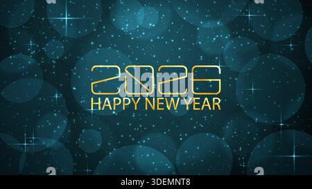 Happy New Year 2026 abstrakter Hintergrund. Festliches Banner-Design mit türkisfarbenen Bokeh-Lichtern und goldenem Text Stock Vektor