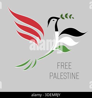 Lineare Silhouette Taube mit einem Olivenzweig in den Farben der palästinensischen Flagge. Taubenvogel in Form von palästinensischer Flagge im Kampf für den Frieden. Stockfoto