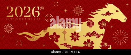 Glückliches chinesisches Neujahrsfahne 2026 mit goldenem Pferd auf rotem nahtlosem Musterhintergrund, 2026 chinesisches Neujahrsgrußkartendesign mit traditionellem dez Stock Vektor