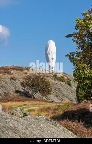 Tjorn, Schweden - 3. September 2025: Ein großer weißer Skulpturenkopf an der Skulptur i Pilane erhebt sich über einem felsigen Hügel, der von Grün umrahmt wird Stockfoto
