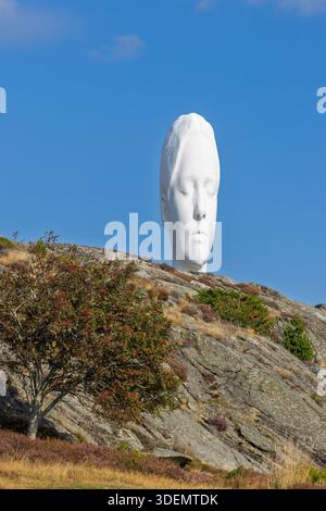 Tjorn, Schweden - 3. September 2025: Ein großer weißer Skulpturenkopf an der Skulptur i Pilane erhebt sich über einem felsigen Hügel, der von Grün umrahmt wird Stockfoto