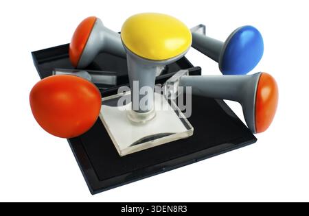 Kunststoff Stempel und stempelfläche isoliert auf weißem Hintergrund Stockfoto