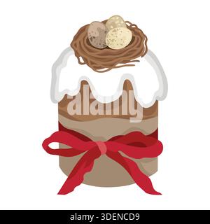 Handgezeichnete Osterkuchenkomposition mit Vogeleiern und Nest und Schleife, Ostergrußkartendesign Stock Vektor