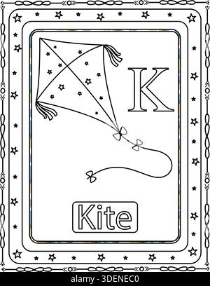Vintage-Rahmen für Ihren Text oder Ihr Foto. K für Kite. Niedliche Malseite mit Alphabet für Kinder und Erwachsene. Stock Vektor
