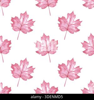 Aquarell rosa Ahorn Blätter nahtloses Muster weißer Hintergrund handgemalt Herbstlaub botanische Illustration Naturtextil Stockfoto