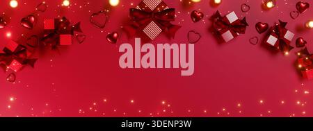 Geschenke zum Valentinstag mit Schleifen und roten Herzdekorationen vor rotem Hintergrund mit Lichtern. 3D-Rendering Stockfoto