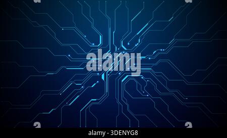 Dunkle Halbleiterplatine mit leuchtenden elektrischen Mustern. Stock Vektor