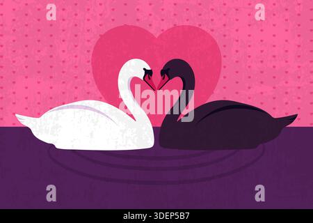 Weißer und schwarzer Schwan, der mit dem Hals ein Herz macht. Liebe Valentinstag-Hintergrund. Vektorabbildung Stock Vektor