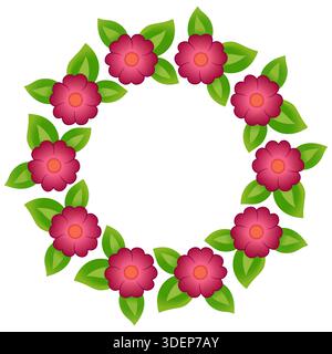 Runder Blumenrahmen. Kranz aus drei roten Blumen. Frühlingsrote Blumen und grüne Blätter. Helle Blumen-Mandala-Illustration. Weihnachtsdekor mit Blumen Stock Vektor