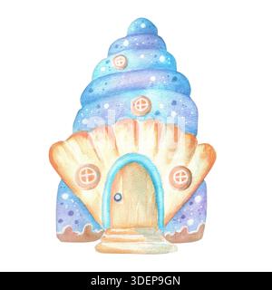 Ein wunderschönes blaubeiges Muschelhaus mit runden Fenstern und Holztür für die Bewohner der Unterwasserwelt. Sea LIFE Clipart. Handgezeichnetes Wasser Stockfoto