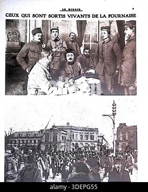 Eine 1916-seitige Ausgabe von Le Miroir vom 2. April 1916 dokumentiert deutsche Gefangene, die während der Schlacht von Verdun gefangen genommen wurden. Das obere Foto zeigt eine Verhörsitzung mit französischen Offizieren und deutschen Soldaten. Das untere Bild zeigt eine Kolonne von 950 Gefangenen, die durch Châlons-sur-Marne marschieren. Der französische Text betont das junge Alter der Gefangenen im Vergleich zu französischen Rekruten derselben Klasse. Dieses Archivstück spiegelt Kriegspropaganda und den hohen menschlichen Tribut der längsten Schlacht des Ersten Weltkriegs wider. Stockfoto