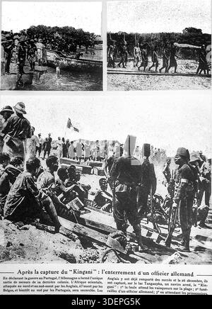 Eine 1916-Blatt-Seite aus Le Miroir. Vom 2. April 1916 mit dem Titel „Après la Capture du Kingani“ dokumentiert die ostafrikanische Kampagne des Ersten Weltkriegs. Am 26. Dezember eroberten britische Truppen das deutsche Schiff Kingani auf dem Tanganjikasee. Die Bilder zeigen Sieger, die sich am Strand versammelt haben, die Beerdigung eines deutschen Offiziers und Soldaten, die auf Gefangene warten. Der Kontext weist auf Deutschlands koloniale Isolation hin, nachdem er Portugal den Krieg erklärt hatte, wobei britische, belgische und portugiesische Truppen Deutsch-Ostafrika umkreisten. Stockfoto