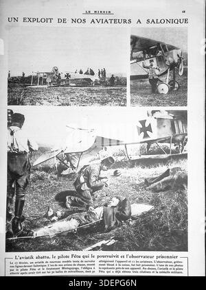 Eine 1916-Seiten-Seite aus "Le Miroir" vom 2. April 1916 "UN Exploit de nos aviateurs à Salonique". Die Fotos zeigen ein abgestürztes Deutsches Flugzeug in der Nähe von Thessaloniki, Griechenland, während des Ersten Weltkriegs. Der Pilot Fétu und Lt. Minteguyaga zwangen ihn nach 50 Schüssen. Die Bilder zeigen das Wrack mit einem Eisernen Kreuz, Fétu mit seinem Flugzeug und einen verwundeten deutschen Beobachter, der vor der Gefangennahme medizinische Hilfe erhält. Sie erfasst den Luftkonflikt an der mazedonischen Front und hebt den militärischen Erfolg Frankreichs und die Aufklärungsrisiken der Ära hervor. Stockfoto