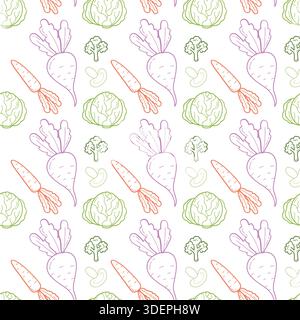 Handgezeichnetes süßes nahtloses Gemüsemuster mit Karotte, Kohl und Rettich Stock Vektor