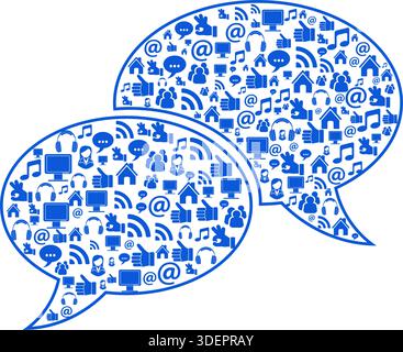Sprechblasen mit Social-Media-Symbolen wie Zuhause, Musik, Menschen. Isolierte Vektordarstellung Stock Vektor