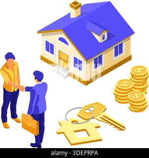 Immobilien Hausversicherung Isometrisches Konzept für Poster, Website, Werbung mit Hausversicherungsrichtlinie auf Klemmbrett, Handshake, Geld, Schlüssel und Stock Vektor