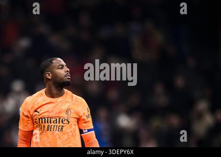 Mike Maignan vom AC Milan reagiert während des Fußballspiels der Serie A zwischen dem AC Milan und Genua CFC. Stockfoto