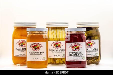 Eine Sammlung von Glasgläsern, die mit verschiedenen konservierten Lebensmitteln gefüllt sind, befindet sich auf einer glatten weißen Oberfläche. Stockfoto