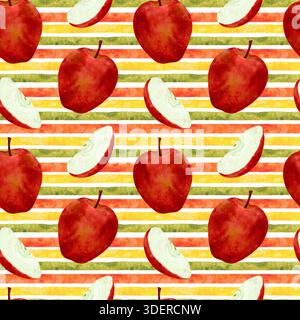 Aquarell Rote Äpfel Und Scheiben Rustikal. Warmes Stillleben von ganzen roten Äpfeln und geschnittenen Wedges mit strukturiertem Fleisch und Hauttönen gemütliche Herbsternte-Stimmung geeignet für Backen, Cider, handgezeichnetes nahtloses Aquarellmuster Stockfoto