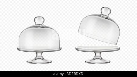 Abbildung eines realistischen Vektorsymbols. Transparente Glaskuchenständer Cloche geschlossen und geöffnet auf transparentem Hintergrund. Stock Vektor