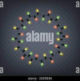 Realistische Vektordarstellung. Kreis aus bunten leuchtenden Weihnachtslichtern auf dunklem Hintergrund. Stock Vektor