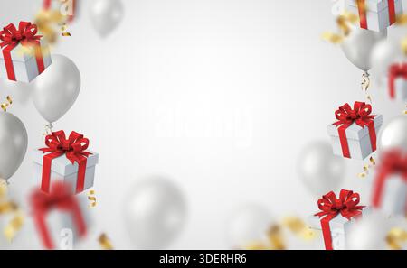 Realistische Vektordarstellung. Festbanner mit weißen Ballons mit weißen Geschenkkartons mit roten Bändern und goldenem Konfetti. Auf weißem Hintergrund. Stock Vektor