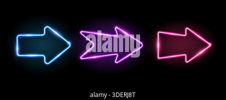 Blaue, lila und pinkfarbene Neonpfeile. 3 LED-Richtungsschilder mit Glühen. Leuchtweitenröhren in Pfeilform. Helle leuchtende fluoreszierende Zeiger für Banner, Poster, Logo. Vektor-Neon-LED-Leuchten Stock Vektor