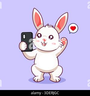 Niedliches weißes Kaninchen nimmt ein Selfie mit einem Smartphone Vektor Illustration Cartoon Design Stock Vektor