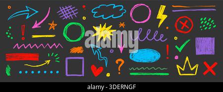 Pfeil, Kreis, unterstrichene Buntstift-Linie Kreidetexturen handgezeichnetes Doodle-Farbset. Handgezeichneter Pastell-Textur-Pfeil, Punkt, Sternelemente. Markieren, Pinselset mit kreisförmigem Rahmen. Vektorabbildung Stock Vektor