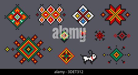 Ukrainische Stickmuster isoliert auf Hintergrund gesetzt. Vektor-Illustration der traditionellen Kreuzstich Ornament Elemente, Blumenmotiv, geometrische Grenzen, ethnische Vyshyvanka Symbole, Volkskunst Stock Vektor