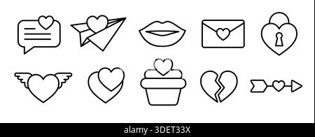 Set mit Symbolen für Liebe und valentinstag mit Herzen und romantischen Elementen und Hochzeitssymbolen. Stock Vektor