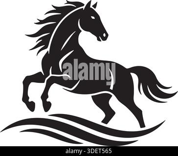Dieses professionelle Pferdeemblem verfügt über ein dynamisches, minimalistisches Design mit einem Wellenfuß, perfekt für Reitsport und Sportholz Stock Vektor