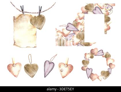 Aquarell Vintage Hearts Valentinstag Love Set mit lilafarbenen, beigefarbenen, braunen Herzen, die an einem Seil hängen. Runde oder quadratische Grußkartenschablone, Rahmen Stockfoto