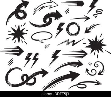 Diese umfassende Kollektion von handgezeichneten Pfeilen, Blitzschlägen und Comic-Bursts bietet ein vielseitiges Toolkit, mit dem Sie dynamische Energie in einen aufnehmen können Stock Vektor