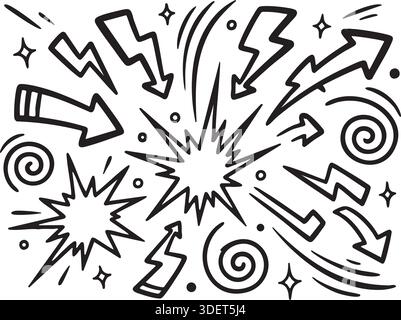 Eine vielseitige Kollektion handgezeichneter Doodle-Elemente wie Pfeile, Blitzschläge und Comic-Bursts für dynamische Grafikprojekte. Th Stock Vektor