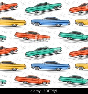 Vektor amerikanisches Auto nahtloses Muster, Automobilhintergrund mit mehrfarbigen Oldtimer-Limousine-Autos in Bewegung aus den 60er Jahren, quadratisches Plakat mit Bewegung Stock Vektor