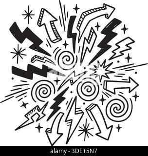Diese vielseitige Kollektion handgezeichneter schwarzer Tintenkritzelelemente verfügt über dynamische Pfeile, Blitze und Sterne. Ideal für Grafikdesigner Stock Vektor