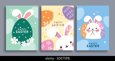 Clipart-Poster-Set mit Happy Easter-Gruß. Buntes Osterei mit niedlichem Häschen für Ostersonntag Grußkarte und Wünsche Hintergrunddekoration Stock Vektor