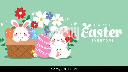Happy Easter Gruß Clipart Banner Design. Frohe Ostern Gruß und Wünsche Banner Karte Vorlage Clip Art mit niedlichem Häschen, bunten Osterei Stock Vektor