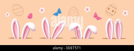 Osterhasenohren Clipart-Set. Niedliche Osterkaninchenohren in einem Loch-Clip-Art mit Dekorationselementen für Osterei, Schmetterling und Blumen Stock Vektor