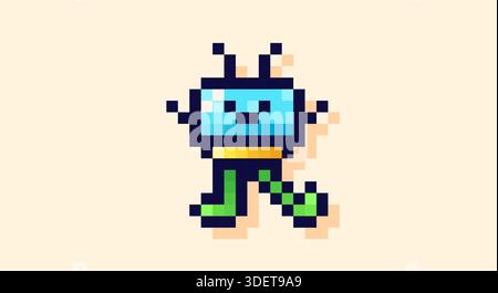 Pixel Art 8-Bit grün und blau lustiger Space Invader. Stock Vektor