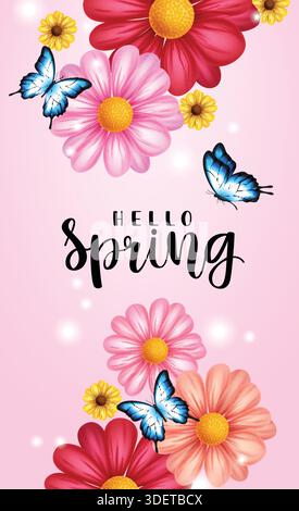 „Hello Spring Greeting Card“-Clipart-Poster-Design. Grußtext für den „Hello Spring“ mit bunten Kamillenblüten und einem Clip mit Dekorationselementen für Schmetterlinge Stock Vektor