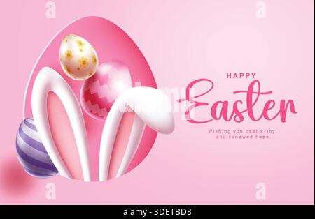 Happy Easter Gruß Clipart Design. Happy Easter rosa Grußkarte und Wünsche im Papierschnitt Stil Hintergrund Clip Art mit bunten Osterei Stock Vektor