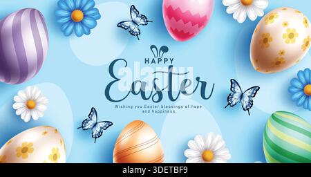 Happy Easter Clipart-Design. Frohe Ostergrüße und Wünsche Text mit gedrucktem und gemustertem Osterei und Kamillenblüten Rahmenhintergrund Stock Vektor
