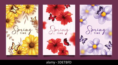 Clipart-Posterset zur Begrüßung im Frühling. Frühlingsgrüßungstext in schönen und bunten Blumen Hintergrund mit Schmetterling Clip Art Sammlung Stock Vektor