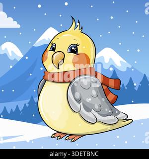 Niedlicher Karikaturpapagei mit Schal im Winter. Vektor-Illustration Landschaft mit Tier, schneebedeckten Bergen und fallendem Schnee. Stock Vektor